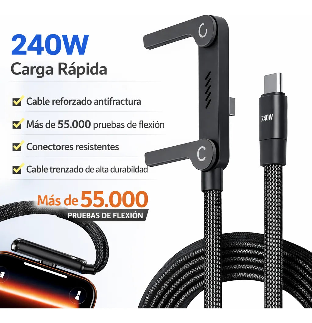 FlexCharge Pro™ – Cable 240W con Soporte Integrado